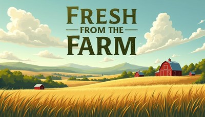 A red barn sits on a hill in a field of wheat