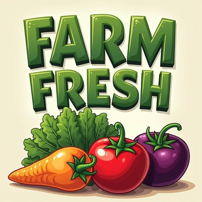 Farm fresh produce with a tomato, pepper, and eggplant