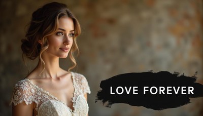 A bride in a lace dress gazes into the distance