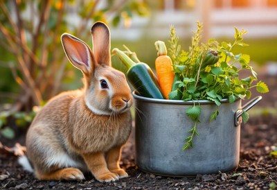 A brown rabbit sits near a pot of fresh vegetables