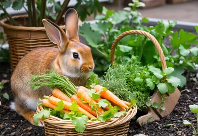 A brown rabbit sits in a basket of fresh carrots