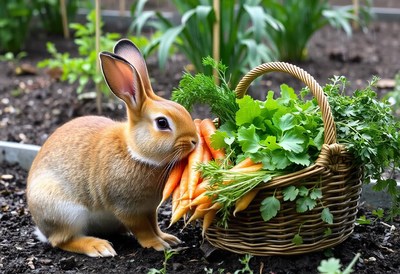 A brown rabbit eats a carrot in a garden