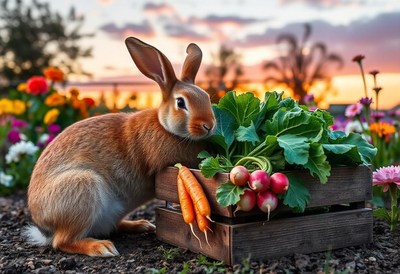 A brown rabbit sits by a crate of veggies