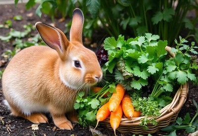 A brown rabbit looks at a basket of carrots and greens