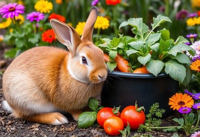 A brown rabbit with long ears sits in a garden bed