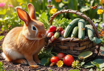 A brown bunny sits near a basket of vegetables in a garden