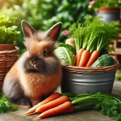 A fluffy brown rabbit sits near carrots in a garden
