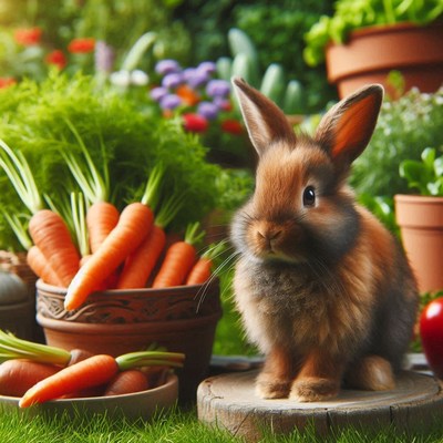Cute bunny with carrots in garden