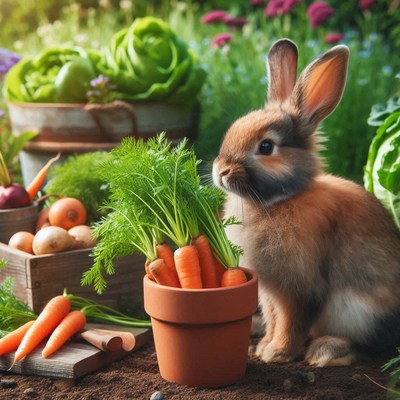 A brown rabbit sits in a garden with carrots