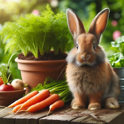 A brown rabbit sits next to fresh carrots