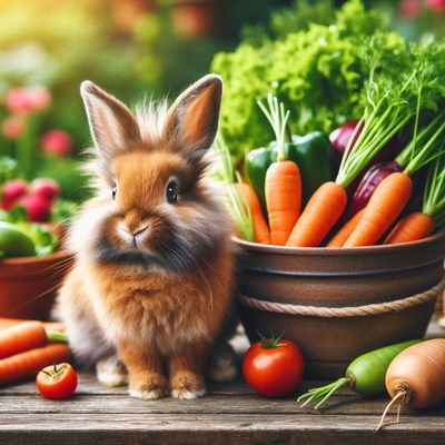 A fluffy rabbit sits near a basket of fresh vegetables