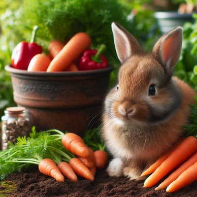 A brown rabbit sits amongst carrots in a garden