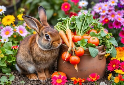 A brown rabbit sits near a pot of tomatoes and carrots