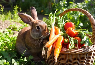Brown rabbit sniffs carrots and tomatoes in garden