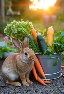 A brown rabbit sits on a gravel path beside a metal bucket