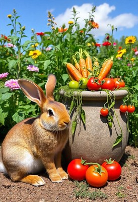 Rabbit by a pot of tomatoes and carrots