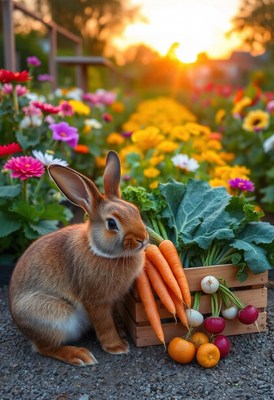 Brown rabbit by a crate of veggies at sunset