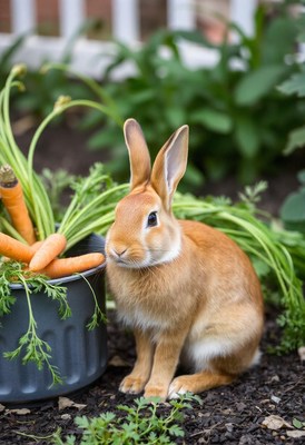 A brown rabbit sits next to a pot of carrots