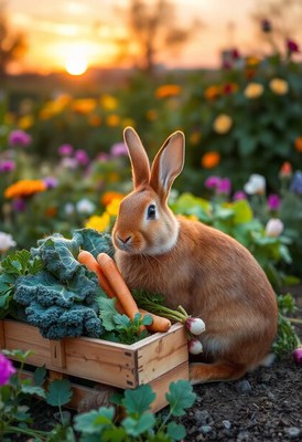 A brown rabbit sits beside a crate of vegetables at sunset