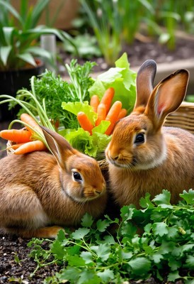 Two rabbits enjoy fresh carrots and greens in the garden