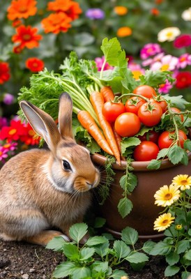 Rabbit with vegetables in garden