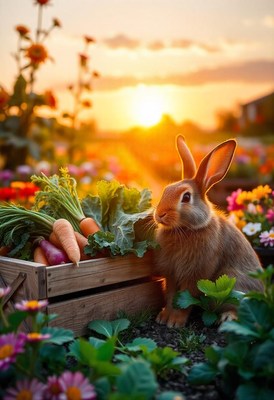 A rabbit sits near a crate of carrots at sunset