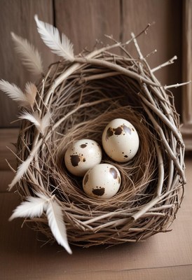 Three speckled eggs rest in a woven nest