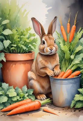 A brown rabbit sits beside a bucket of carrots