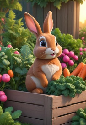 A cute rabbit sits in a garden planter