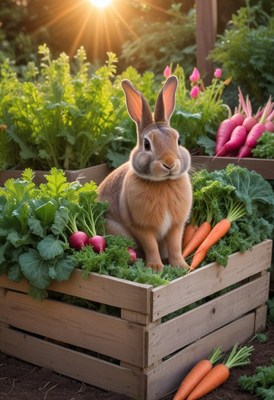 Brown rabbit in garden with carrots and radishes