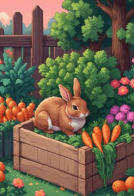 A brown rabbit sits in a garden box with carrots