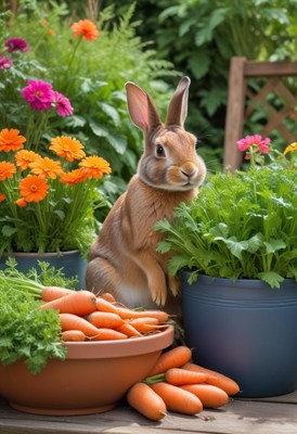 A brown rabbit sits in a garden with carrots and flowers