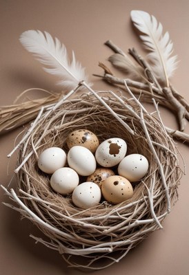 White and brown speckled eggs in a woven nest