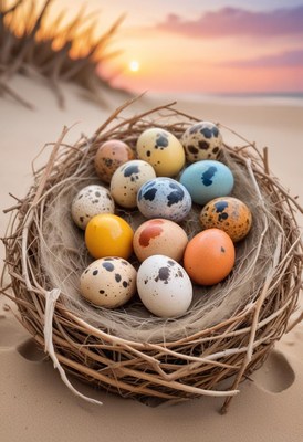 A nest of speckled eggs sits on the beach at sunset