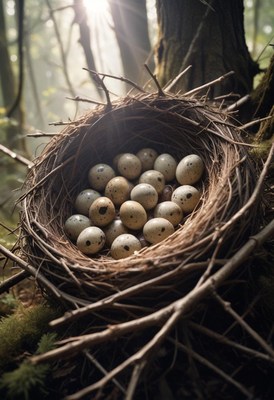 A nest full of speckled eggs sits in a forest