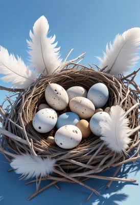 A bird's nest with speckled eggs and feathers