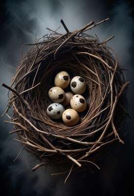 Quail eggs sit in a nest of twigs