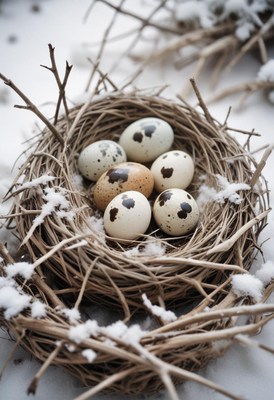 A bird's nest sits in the snow with speckled eggs inside
