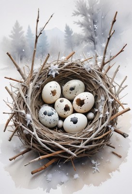 A nest of speckled eggs sits in a snowy forest