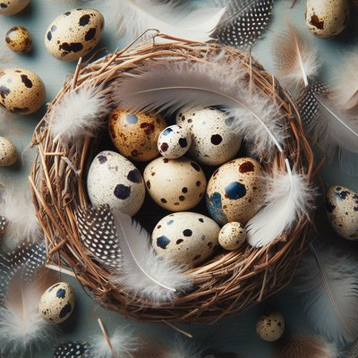 Quail eggs in a nest with feathers