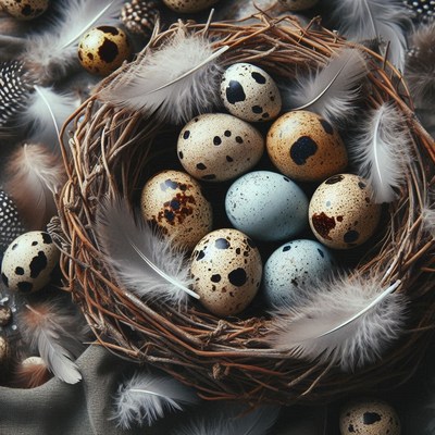 A nest of speckled and blue eggs sits on a fabric surface