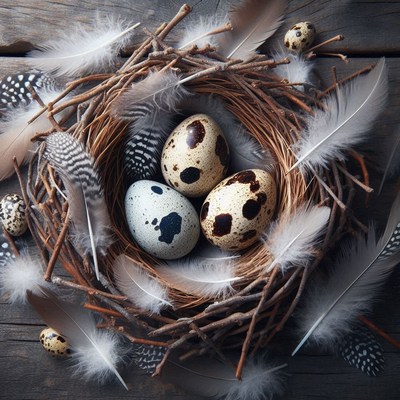 Quail eggs sit in a nest with feathers
