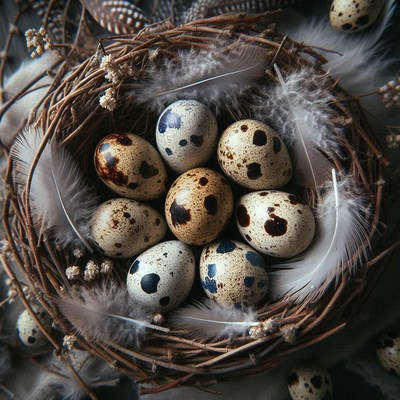 Quail eggs in a nest with feathers