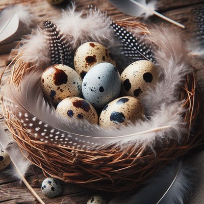 Quail eggs in a nest with feathers
