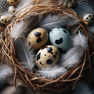 Quail eggs in a nest with feathers