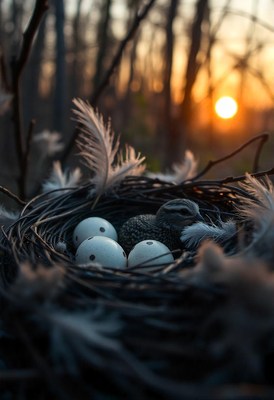 A baby bird sits in a nest with eggs, watching the sunset