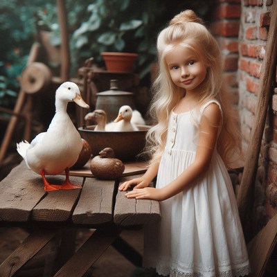 A young girl in a white dress stands near ducks