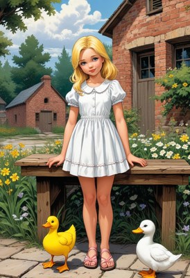 A young girl stands by a bench with two ducks