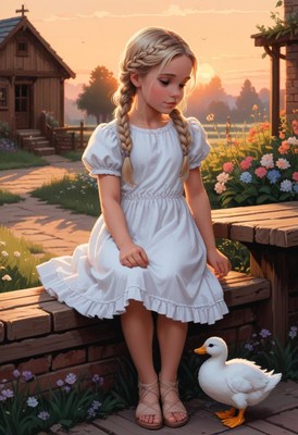 Girl on a bench watches a white duck