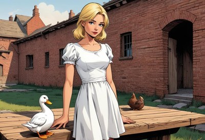 Woman and a duck and chicken on a table outside